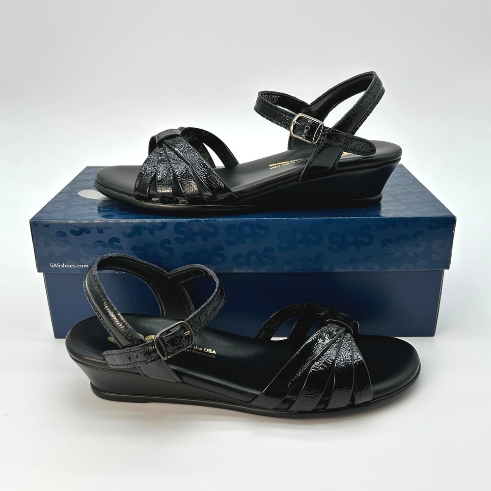 SAS Strappy Womens Dress Sandals Size 7 M Black Patent Leather Wedge Heel NEW